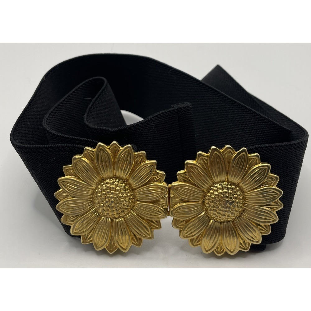 Motion East Vintage Black Stretch Belt Sunflowers Latch Buckle Womens USA Made